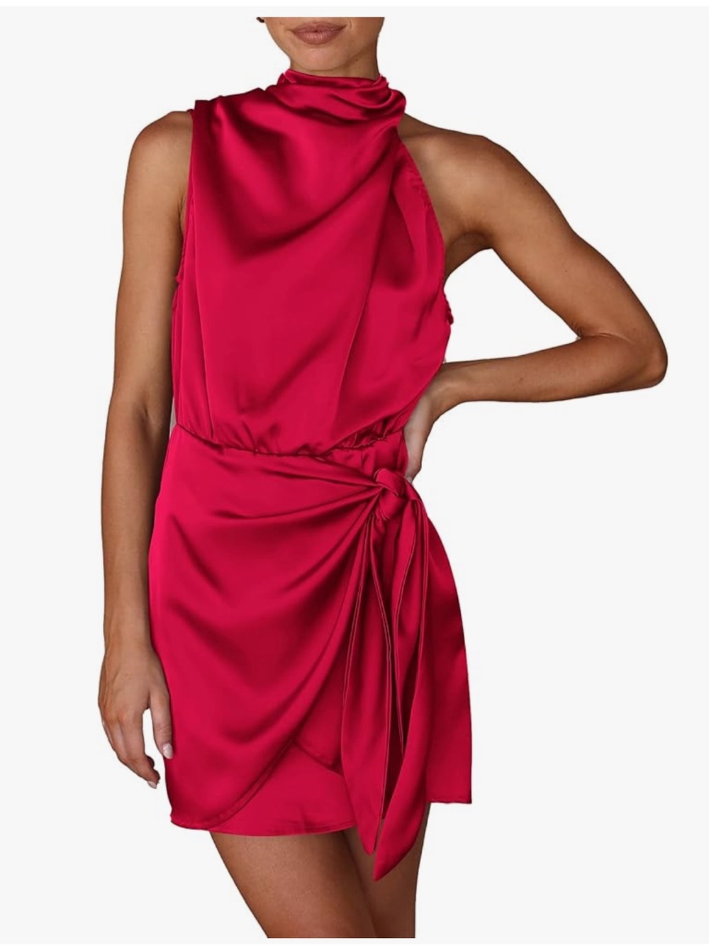 Amazon, women’s red wrap mini dress, size M